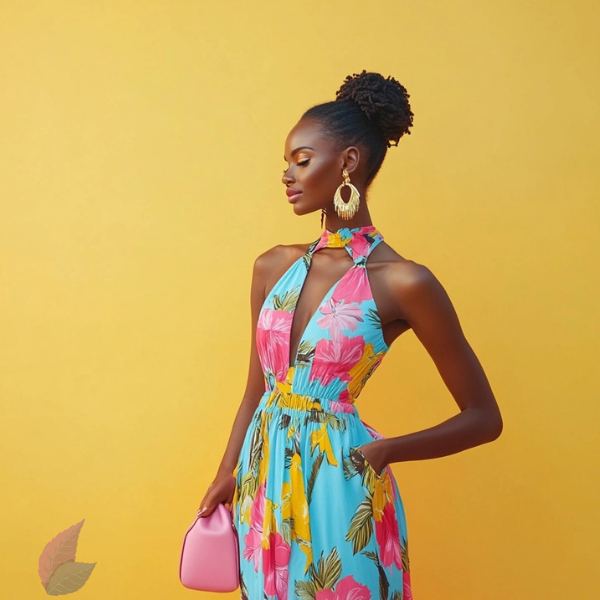 Tropical Chic: Vibrant Floral Halter Neck Maxi Dress for Summer